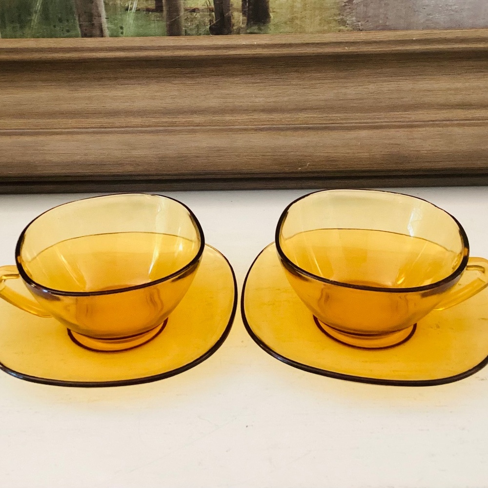 Vereco France Espresso Cup & Saucer Lot Of 2 Amber Glass MCM 4 oz Capacity FLAW